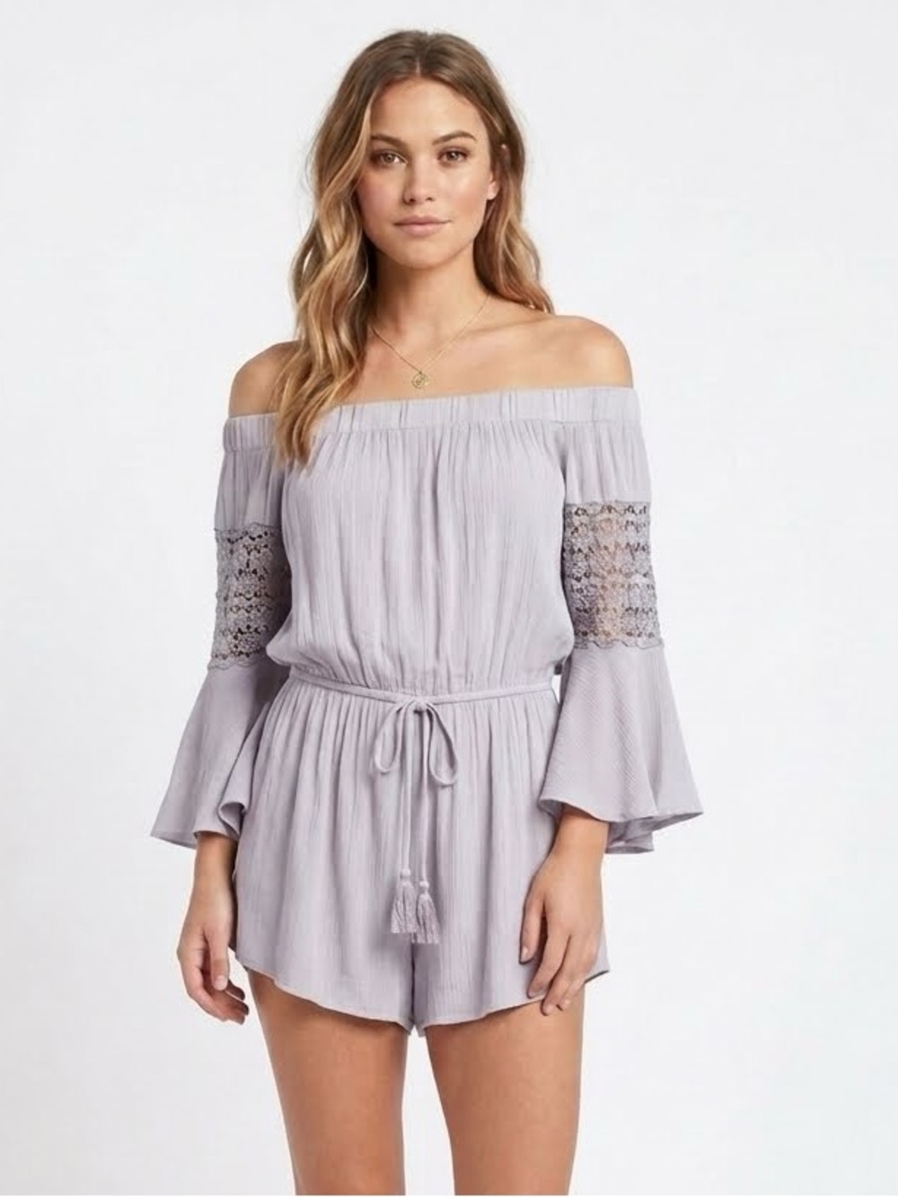 A Hint of Blush Off-the-Shoulder Lavender Romper with Crochet Sleeves Size M